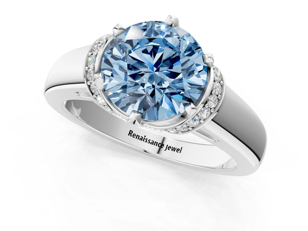 Platinum Fancy Blue Round  Solitaire Diamond Ring with Pave Band and Six-Prong Setting