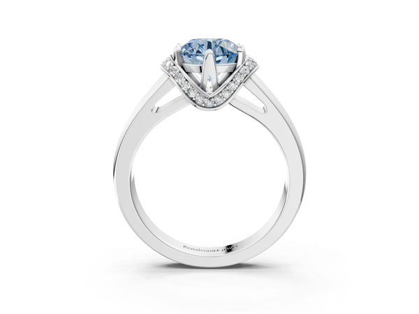 Platinum Fancy Blue Round  Solitaire Diamond Ring with Pave Band and Six-Prong Setting