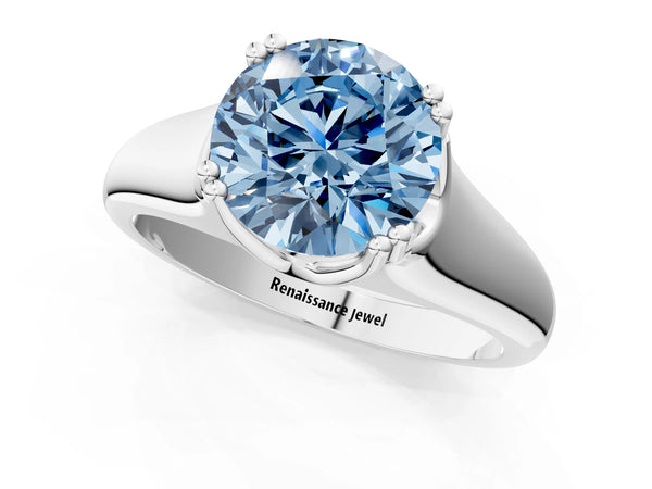 Platinum Fancy Blue Round Cut Diamond Solitaire Ring with Wide Band and Prong Setting