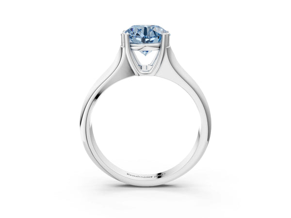 Platinum Fancy Blue Round Cut Diamond Solitaire Ring with Wide Band and Prong Setting