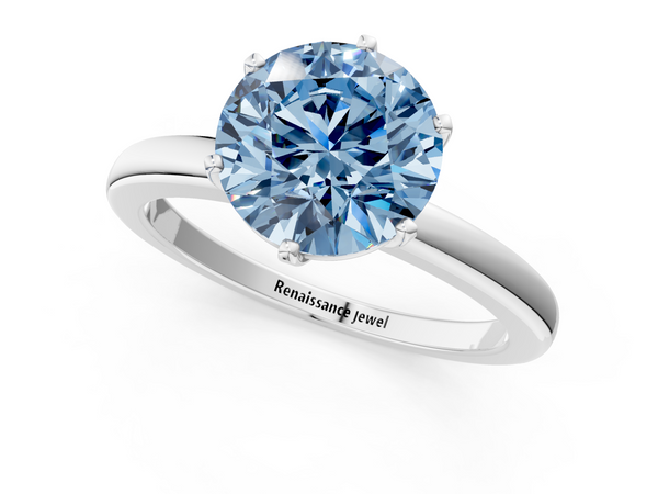 Platinum Fancy Blue Round  Solitaire Diamond Ring with Six-Prong Setting on a Classic Band
