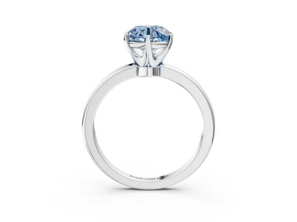 Platinum Fancy Blue Round  Solitaire Diamond Ring with Six-Prong Setting on a Classic Band