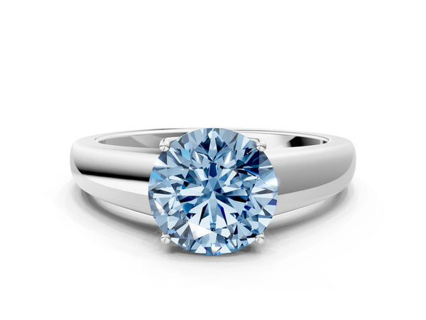 Platinum Fancy Blue Round  Solitaire Diamond Ring with Tapered Band and Four-Prong Setting