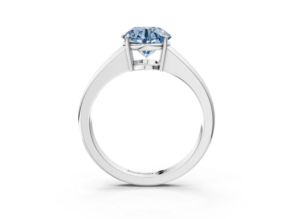 Platinum Fancy Blue Round  Solitaire Diamond Ring with Tapered Band and Four-Prong Setting