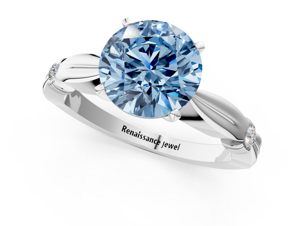 White gold Fancy Blue Round  Solitaire Diamond Twisted Band with Four-Prong Setting
