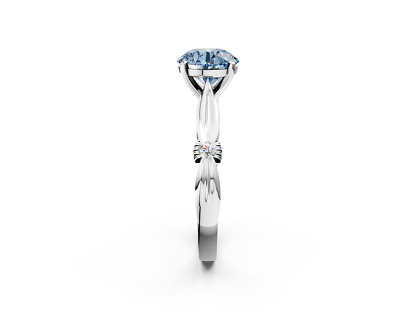 White gold Fancy Blue Round  Solitaire Diamond Twisted Band with Four-Prong Setting