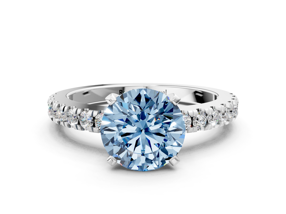 White gold Fancy Blue Round  Solitaire Diamond with Pavé Band and Four-Prong Setting_91