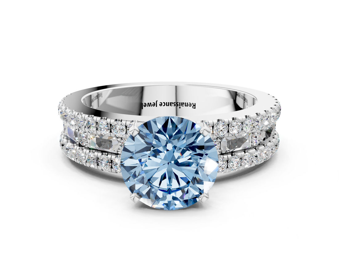 White gold Fancy Blue Round  Solitaire Diamond with Pave and Channel Set Band_105