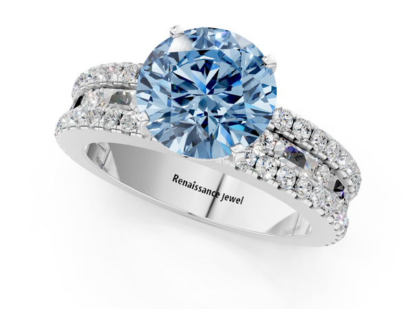 White gold Fancy Blue Round Cut Diamond Solitaire Ring with Pavé and Channel Set Band