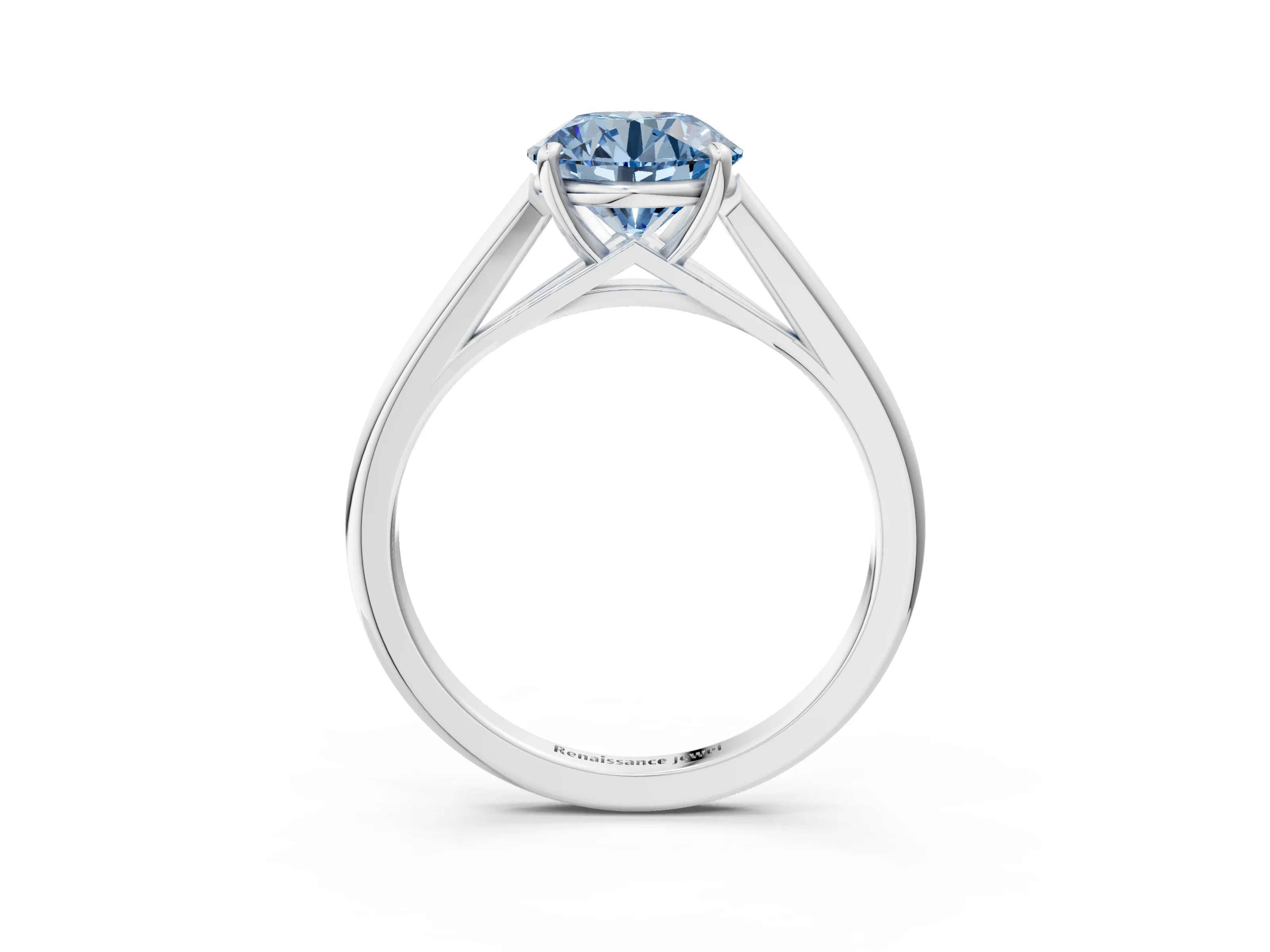 White gold Fancy Blue Round  Solitaire Engagement Ring with Four-Prong Setting and Classic Band 3