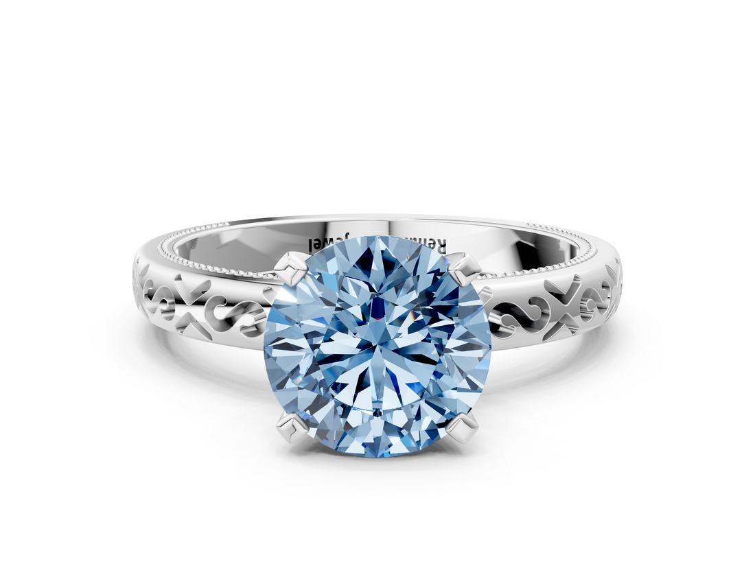 White gold Fancy Blue Round  Solitaire Engagement Ring with Scrollwork Band and Four-Prong Setting_132
