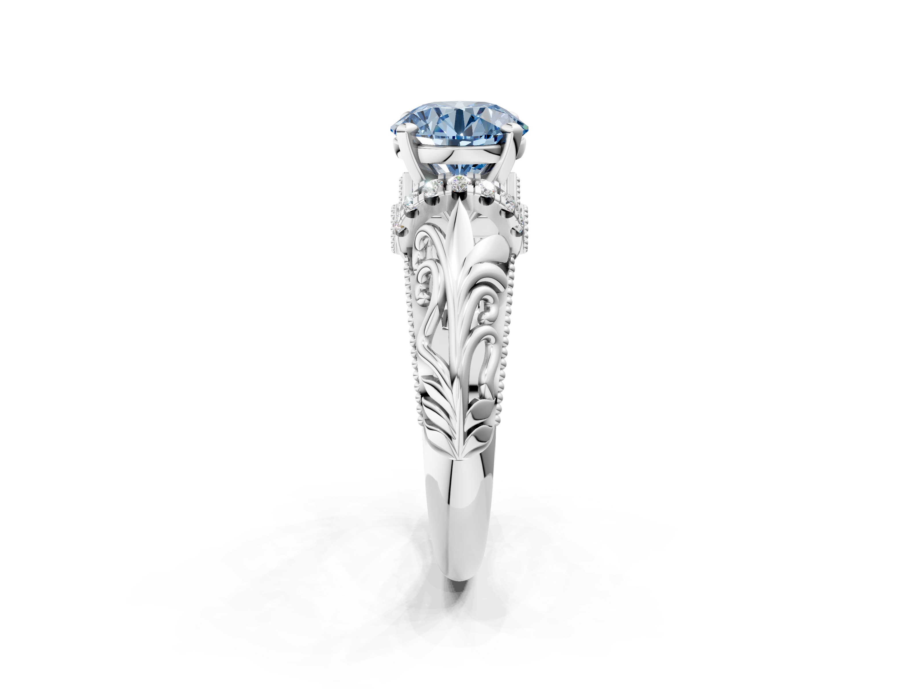White gold Fancy Blue Round  Solitaire Filigree Engagement Ring with Halo and Prong Setting_69