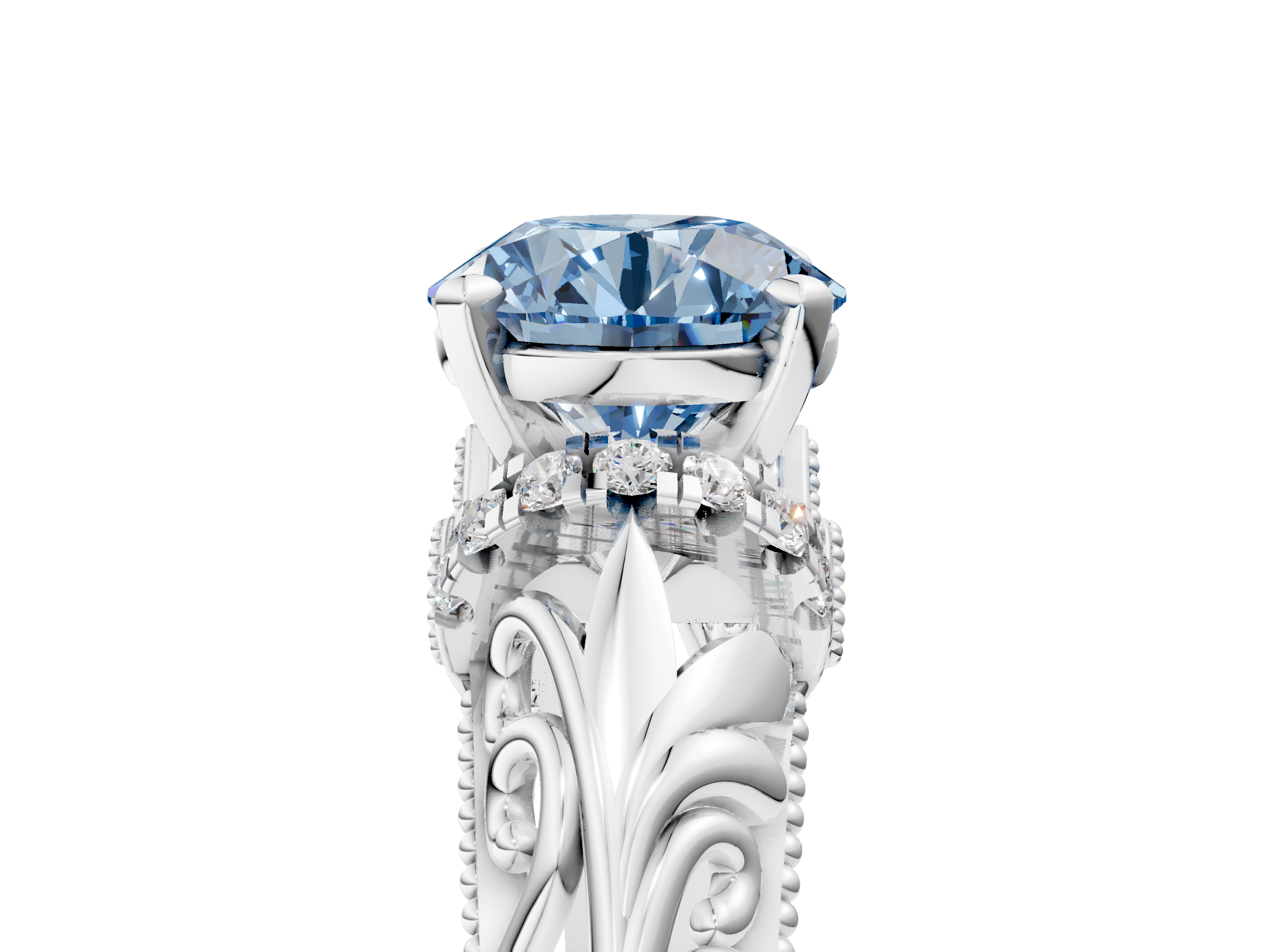 White gold Fancy Blue Round  Solitaire Filigree Engagement Ring with Halo and Prong Setting_73