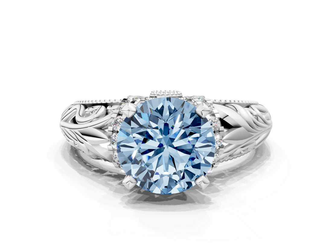 White gold Fancy Blue Round  Solitaire Filigree Engagement Ring with Halo and Prong Setting_85
