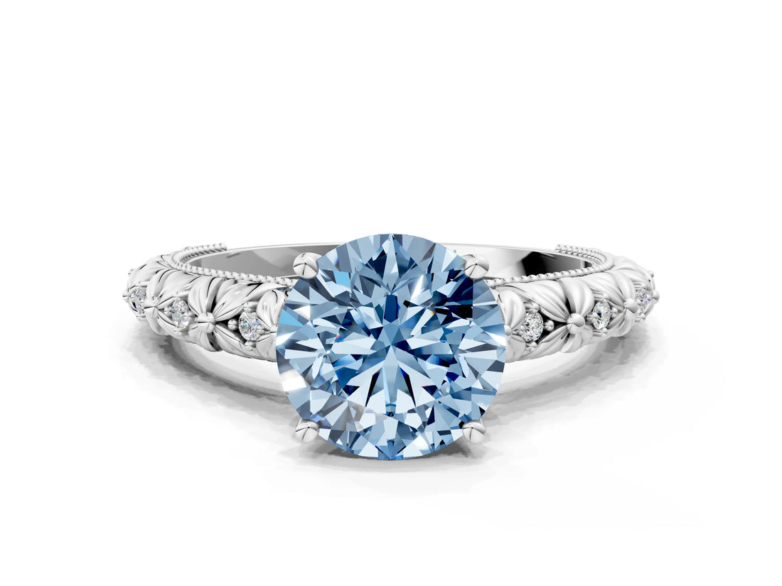 White gold Fancy Blue Round  Solitaire Floral Milgrain Engagement Ring_49