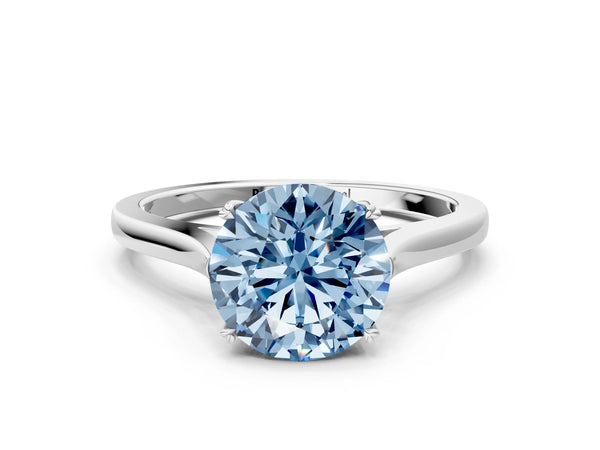 Platinum Fancy Blue Round  Solitaire Heart Prong Engagement Ring with Tapered Band