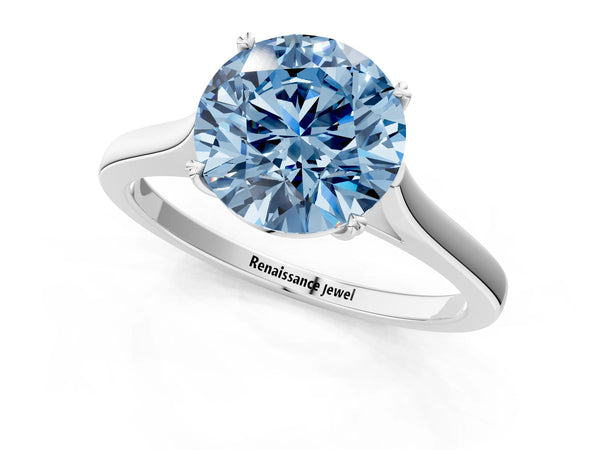 Platinum Fancy Blue Round  Solitaire Heart Prong Engagement Ring with Tapered Band