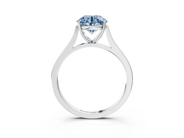 Platinum Fancy Blue Round  Solitaire Heart Prong Engagement Ring with Tapered Band