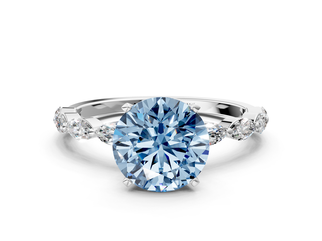 White gold Fancy Blue Round  Solitaire Marquise Side Stone Prong Setting Ring_61