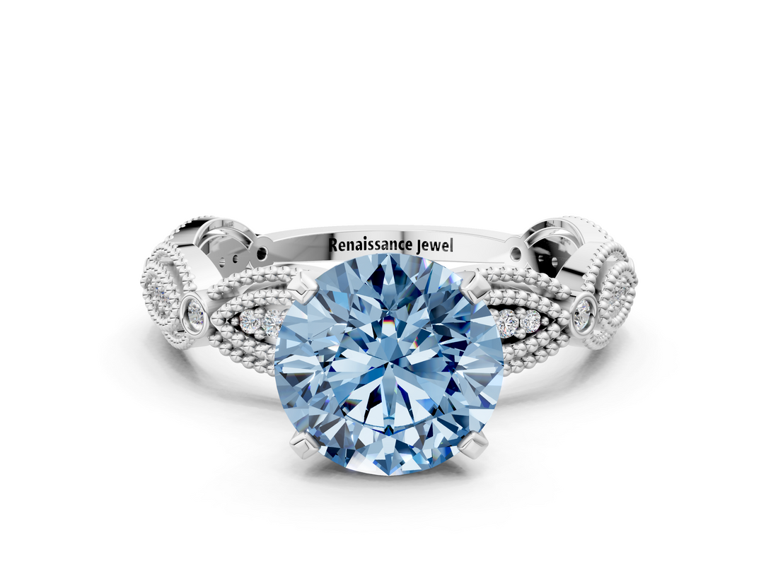 White gold Fancy Blue Round  Solitaire Milgrain Diamond Engagement Ring with Bezel and Marquise Band_160