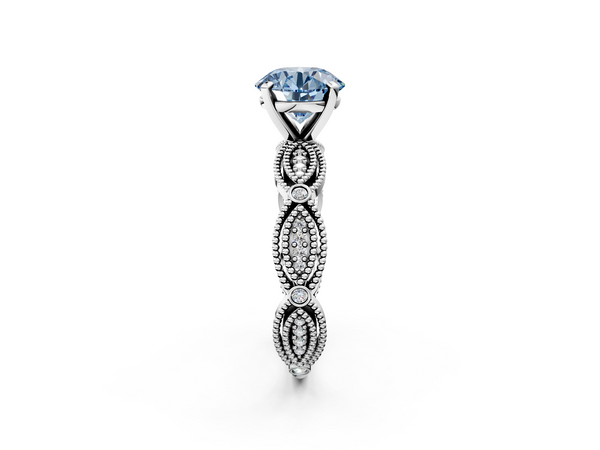 White gold Fancy Blue Round  Solitaire Milgrain Diamond Engagement Ring with Bezel and Marquise Band
