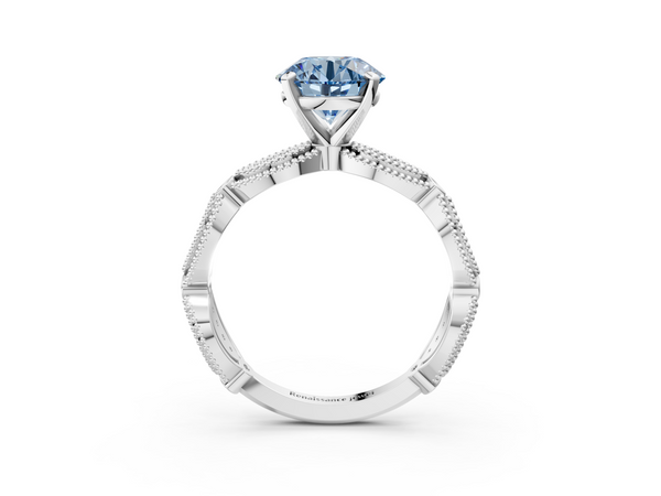 White gold Fancy Blue Round  Solitaire Milgrain Diamond Engagement Ring with Bezel and Marquise Band