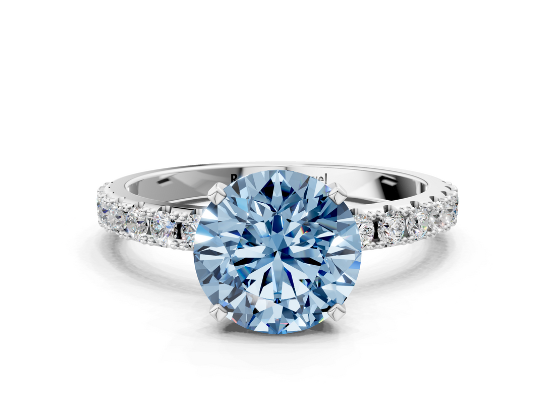 White gold Fancy Blue Round  Solitaire Pavé Band with Four-Prong Setting_156