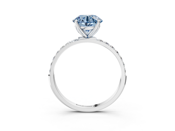 Platinum Fancy Blue Round Cut Diamond Solitaire Engagement Ring with Round  Pavé Band and Prong Setting