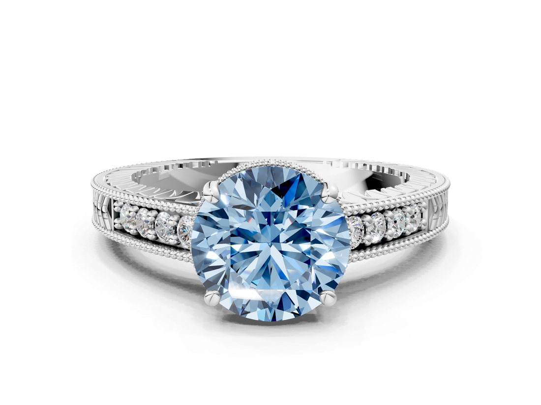 White gold Fancy Blue Round  Solitaire Pavé Diamond Milgrain Engagement Ring with Four-Prong Setting_3