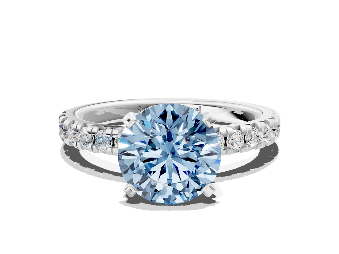 White gold Fancy Blue Round  Solitaire Pave Diamond Engagement Ring with Four-Prong Setting_260