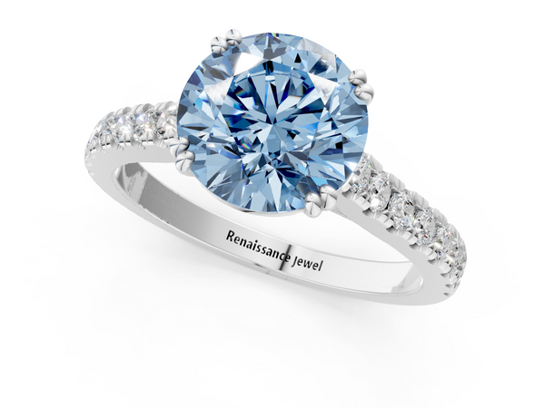 Platinum Fancy Blue Round  Solitaire Pave Diamond Engagement Ring with Prong Setting