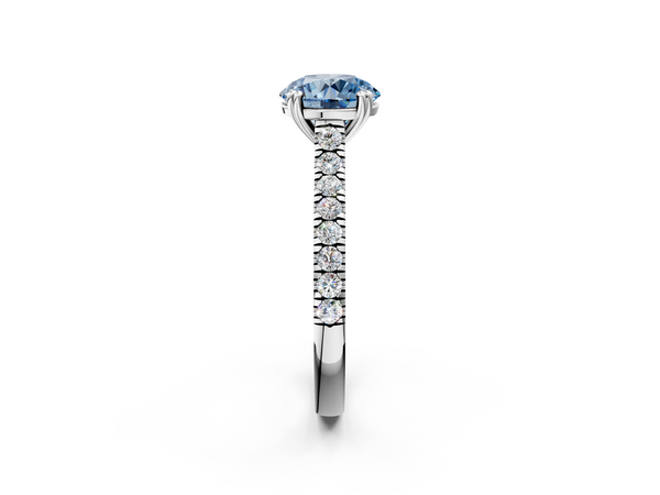 Platinum Fancy Blue Round  Solitaire Pave Diamond Engagement Ring with Prong Setting