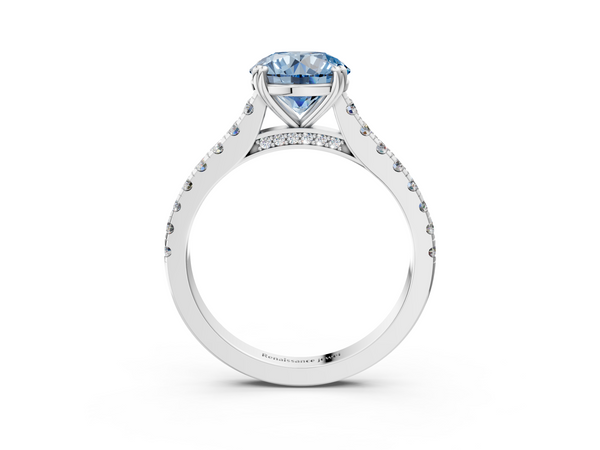 Platinum Fancy Blue Round  Solitaire Pave Diamond Engagement Ring with Prong Setting