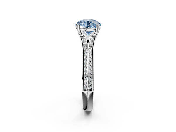 Platinum Fancy Blue Round Cut Diamond Split Shank Engagement Ring with Pavé Band