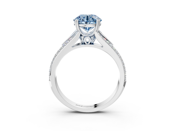 Platinum Fancy Blue Round Cut Diamond Split Shank Engagement Ring with Pavé Band