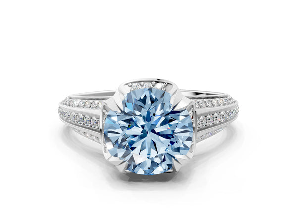 Platinum Fancy Blue Round  Solitaire Pave Split Shank Ring with Four-Prong Setting