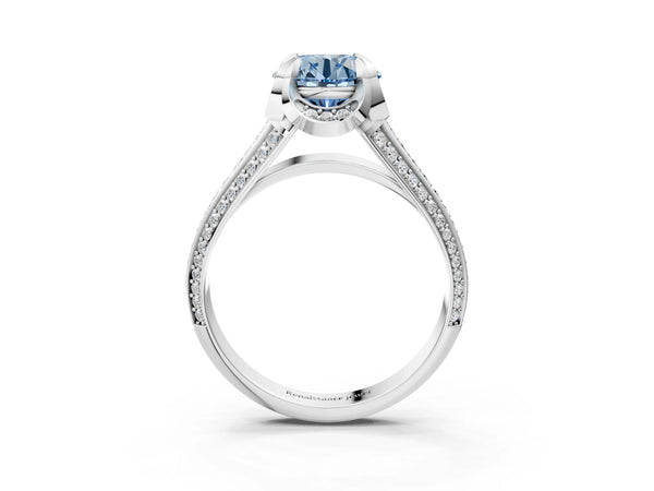 Platinum Fancy Blue Round  Solitaire Pave Split Shank Ring with Four-Prong Setting