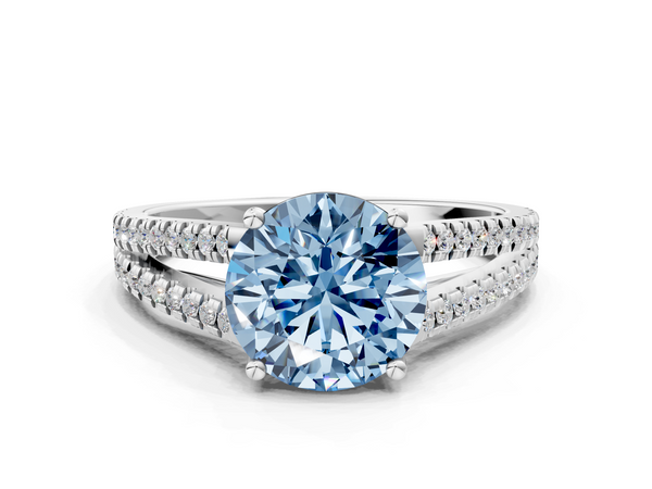 Platinum Fancy Blue Round Cut Diamond Solitaire Engagement Ring with Split Shank Pavé Band