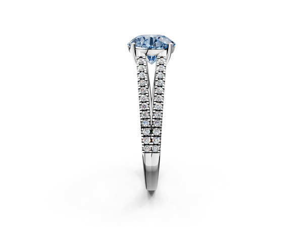 Platinum Fancy Blue Round Cut Diamond Solitaire Engagement Ring with Split Shank Pavé Band