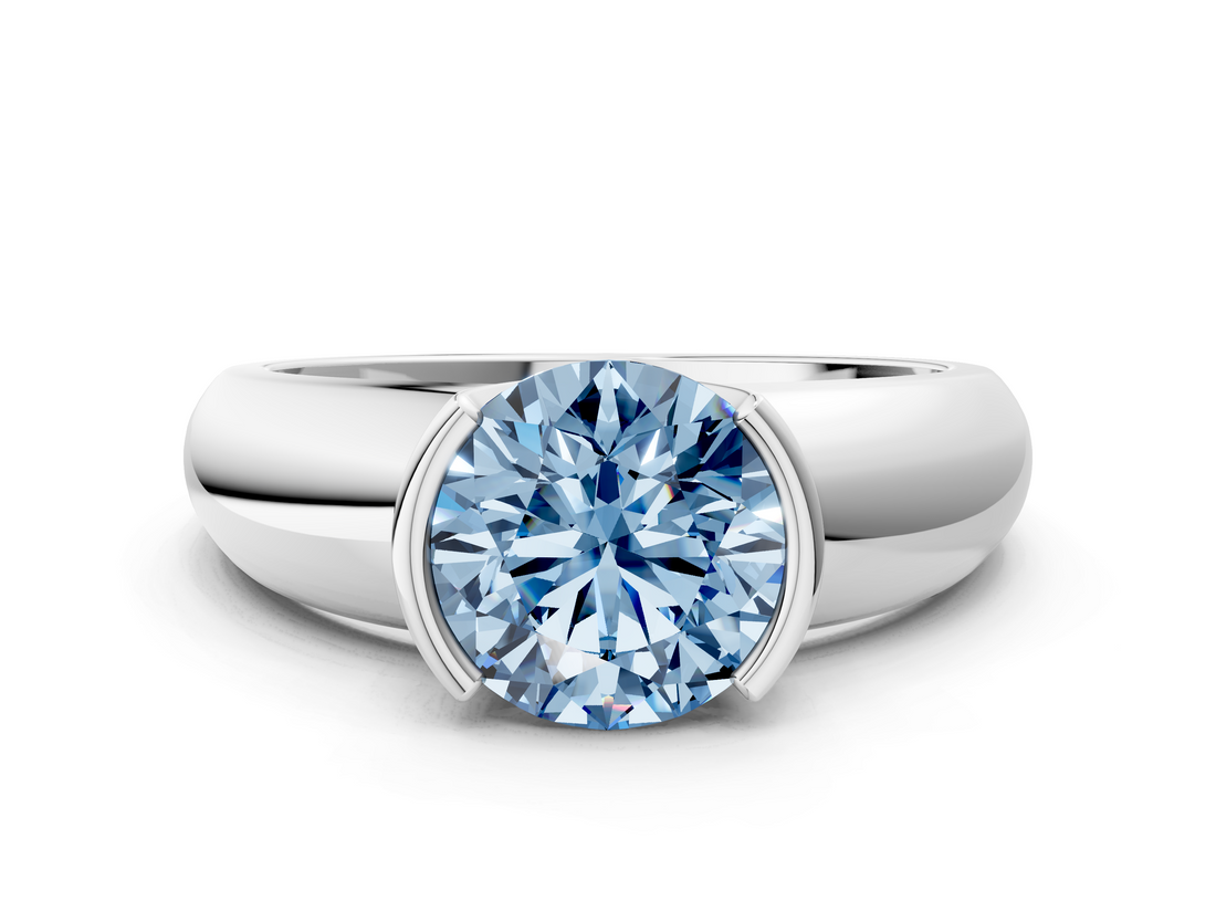 White gold Fancy Blue Round  Solitaire Tension Set Diamond Ring with Wide Band_20