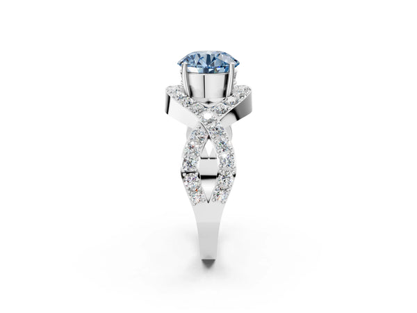 White gold Fancy Blue Round  Solitaire Twist Band Pavé Diamond Engagement Ring