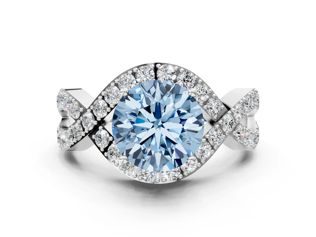 White gold Fancy Blue Round  Solitaire Twist Band Pavé Diamond Engagement Ring_30