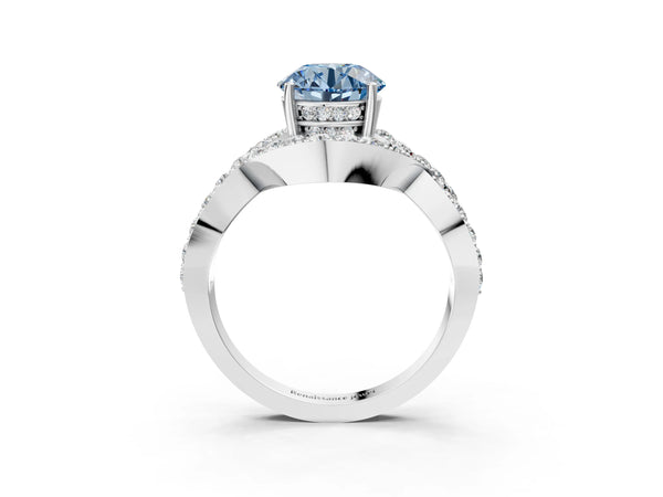 White gold Fancy Blue Round  Solitaire Twist Band Pavé Diamond Engagement Ring