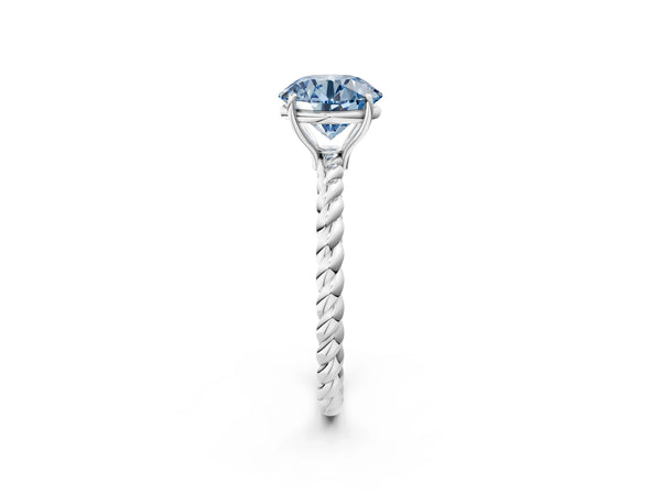 Platinum Fancy Blue Round  Solitaire Twist Band Ring with Four-Prong Setting