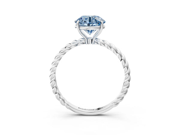 Platinum Fancy Blue Round  Solitaire Twist Band Ring with Four-Prong Setting