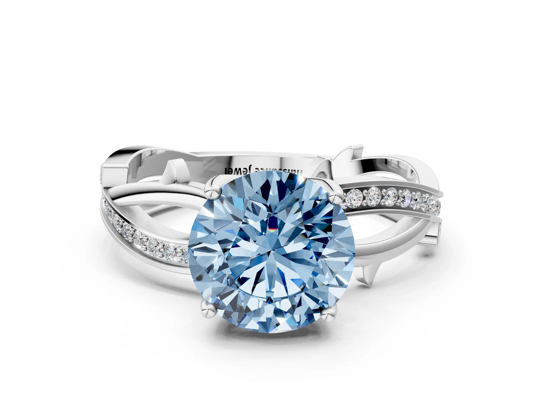 White gold Fancy Blue Round  Solitaire Twist Band with Pavé Accents and Four-Prong Setting_20