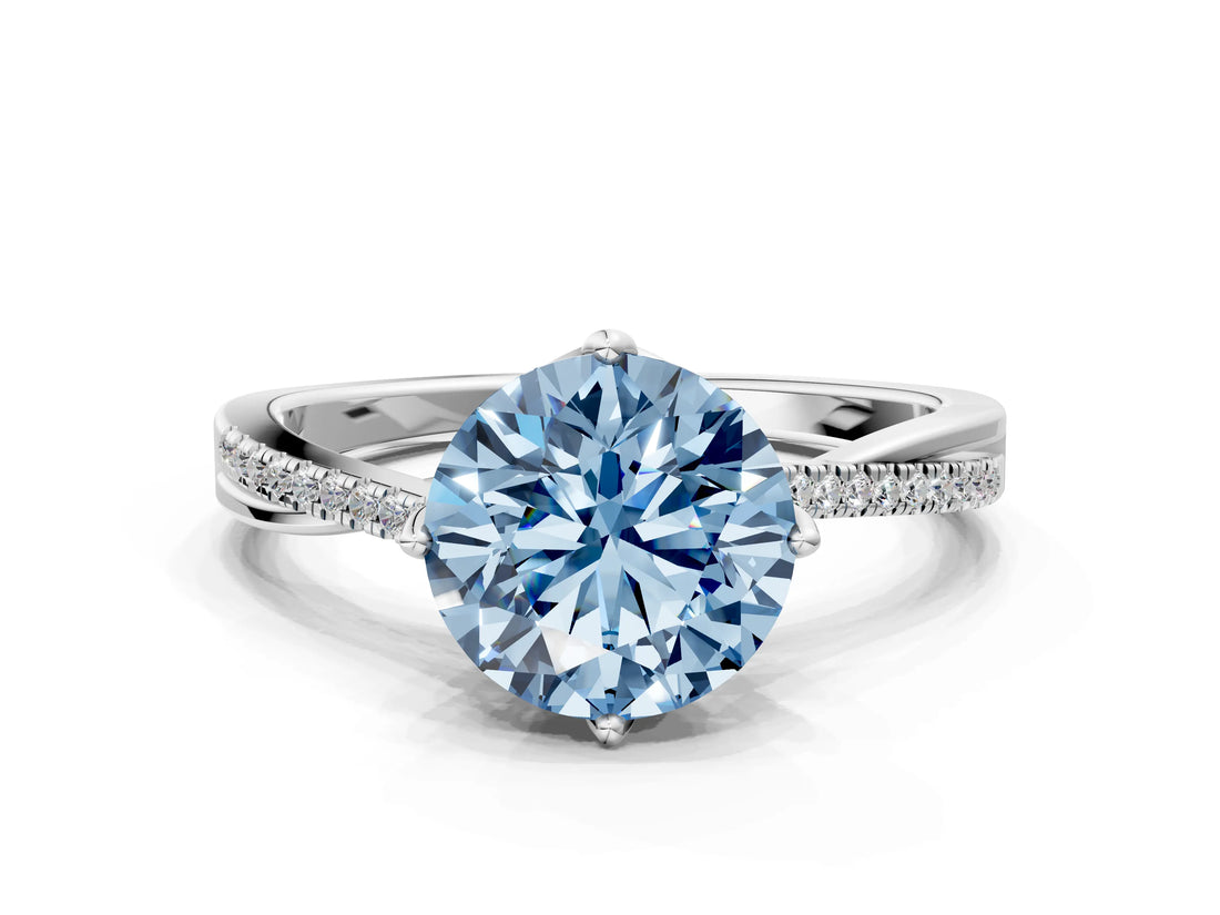 White gold Fancy Blue Round  Solitaire Twist Band with Pavé Diamonds and Four-Prong Setting_65