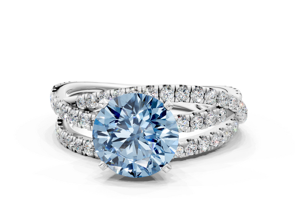 White gold Fancy Blue Round  Solitaire Twist Band with Pavé Setting and Four-Prong Setting