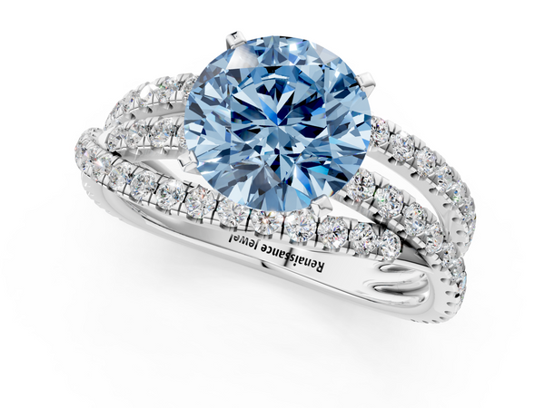 White gold Fancy Blue Round  Solitaire Twist Band with Pavé Setting and Four-Prong Setting