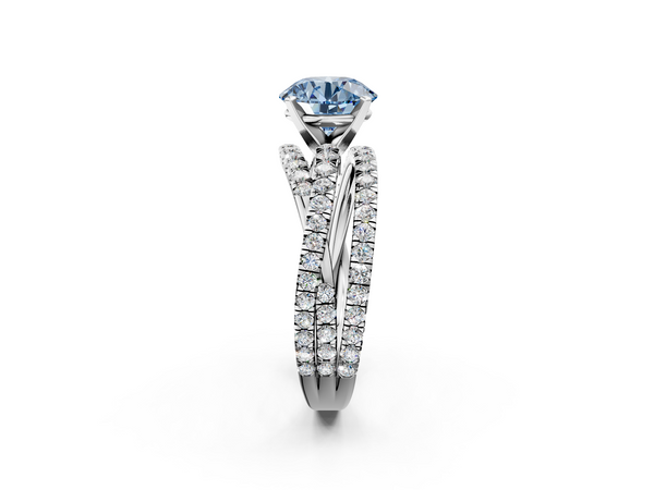 White gold Fancy Blue Round  Solitaire Twist Band with Pavé Setting and Four-Prong Setting